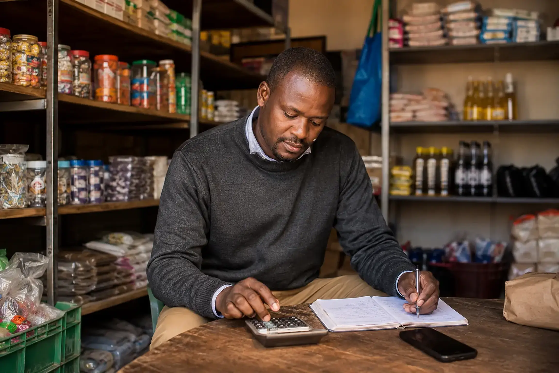 Kenyan entrepreneur reviewing business finances